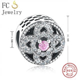 Round Flower Zirconia Bead 925 Sterling Silver Charm Bracelet for Women