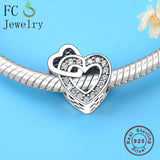 925 Silver Two Hearts CZ Crystal Beads for Charms Bracelets