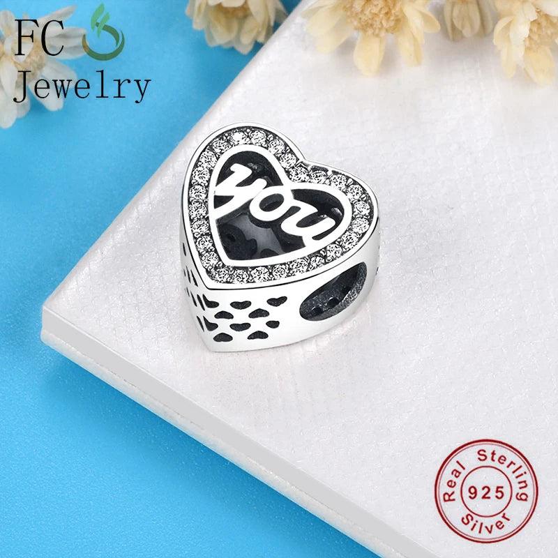 925 Sterling Silver Heart Love You Zirconia Bead For Women Valentine Berloque