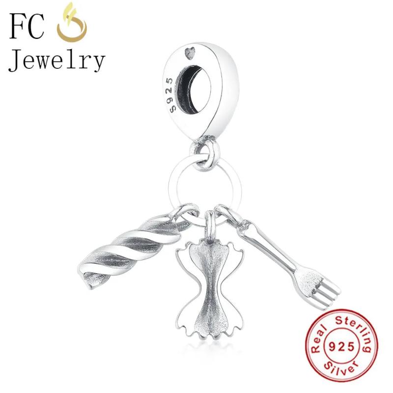 925 Sterling Silver Pasta Fork Bow Beads Pendant Charm Bracelet Bangle