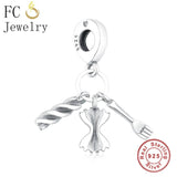 925 Sterling Silver Pasta Fork Bow Beads Pendant Charm Bracelet Bangle