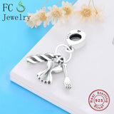 925 Sterling Silver Pasta Fork Bow Beads Pendant Charm Bracelet Bangle