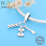 925 Sterling Silver Pasta Fork Bow Beads Pendant Charm Bracelet Bangle