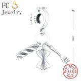 925 Sterling Silver Pasta Fork Bow Beads Pendant Charm Bracelet Bangle