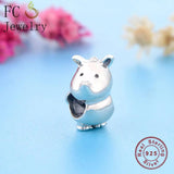 925 Silver Rino Rhinoceros Heart Bead Bracelet Charm