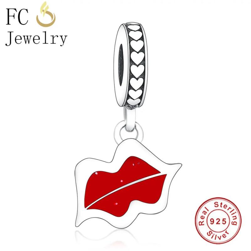 925 Silver Red Lips Kiss Charm Bracelet Pendant