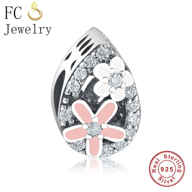 925 Silver Pink Enamel Daisy CZ Stone Bead Charm for Bracelets
