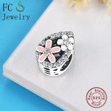 925 Silver Pink Enamel Daisy CZ Stone Bead Charm for Bracelets