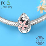 925 Silver Pink Enamel Daisy CZ Stone Bead Charm for Bracelets