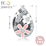 925 Silver Pink Enamel Daisy CZ Stone Bead Charm for Bracelets