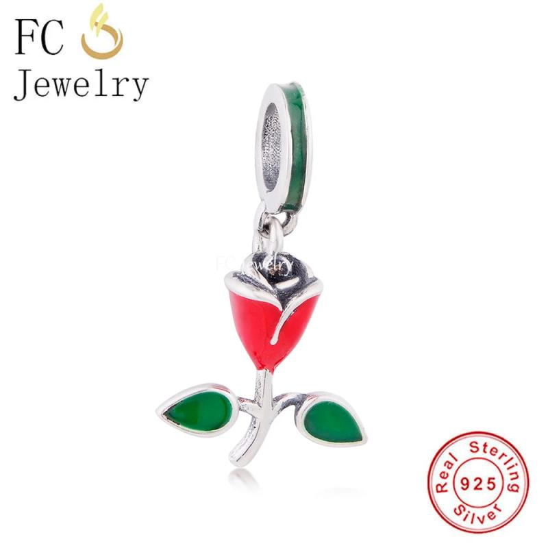 925 Silver Green Enamel Leaf Rose Flower Bead Bracelet Charms