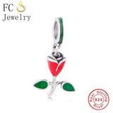 925 Silver Green Enamel Leaf Rose Flower Bead Bracelet Charms