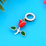 925 Silver Green Enamel Leaf Rose Flower Bead Bracelet Charms