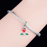 925 Silver Green Enamel Leaf Rose Flower Bead Bracelet Charms
