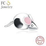 925 Sterling Silver Mouse Charm Bracelet Pink Enamel Beads