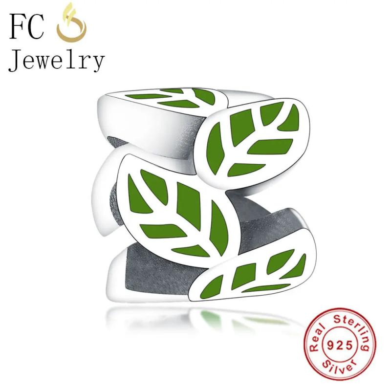 925 Sterling Silver Green Leaf Spacer Bead Berloque DIY