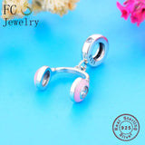925 Silver Pink Headphone Charm Bracelet Dangle Berloque