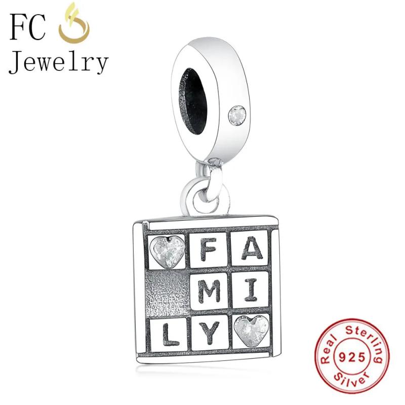 925 Sterling Silver Letter Family Zirconia Crystal Beads Pendant Berloque