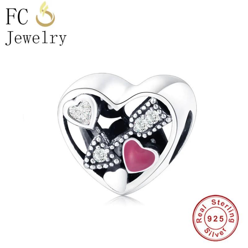 925 Sterling Silver Heart Zirconia Charms Bracelet Bead