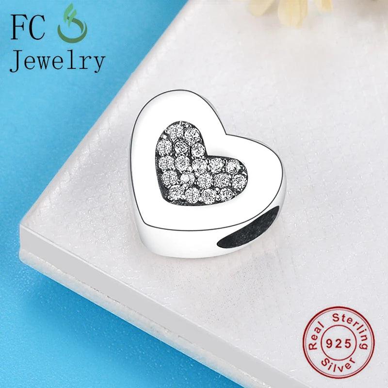 925 Silver Heart Zirconia Charm Bracelet Bead Women DIY