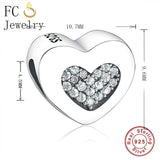 925 Silver Heart Zirconia Charm Bracelet Bead Women DIY
