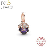925 Silver Purple Zircon Flower Charm Bracelet Pendant