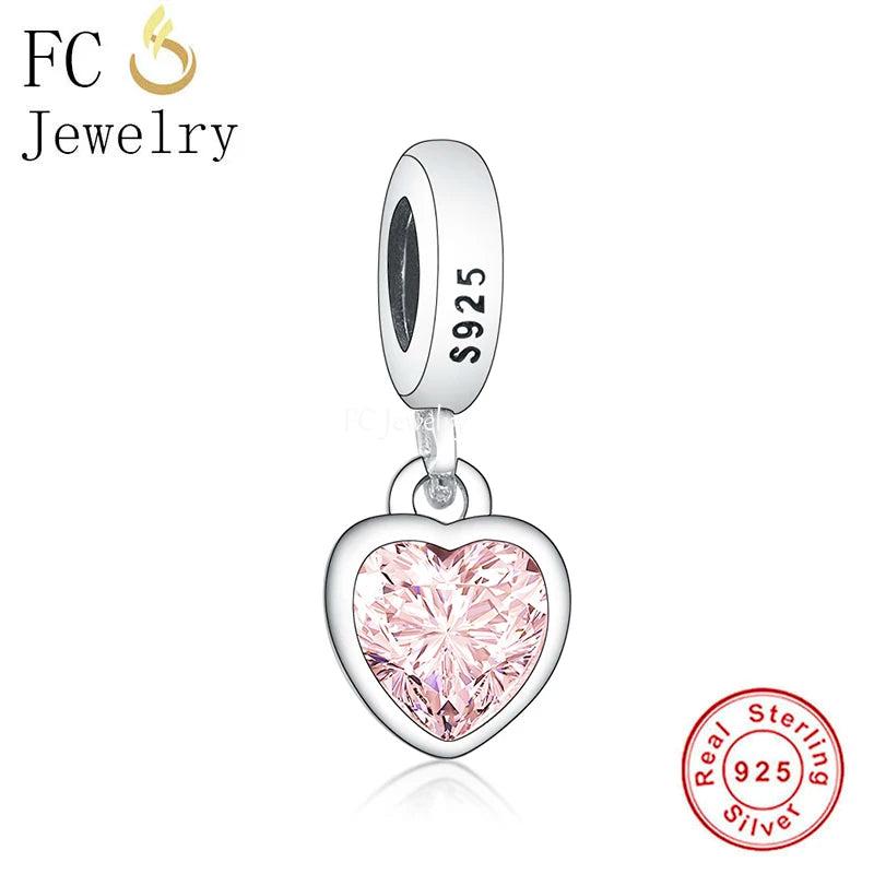 925 Silver Clear Pink Zirconia Heart Bead Bracelet Charms
