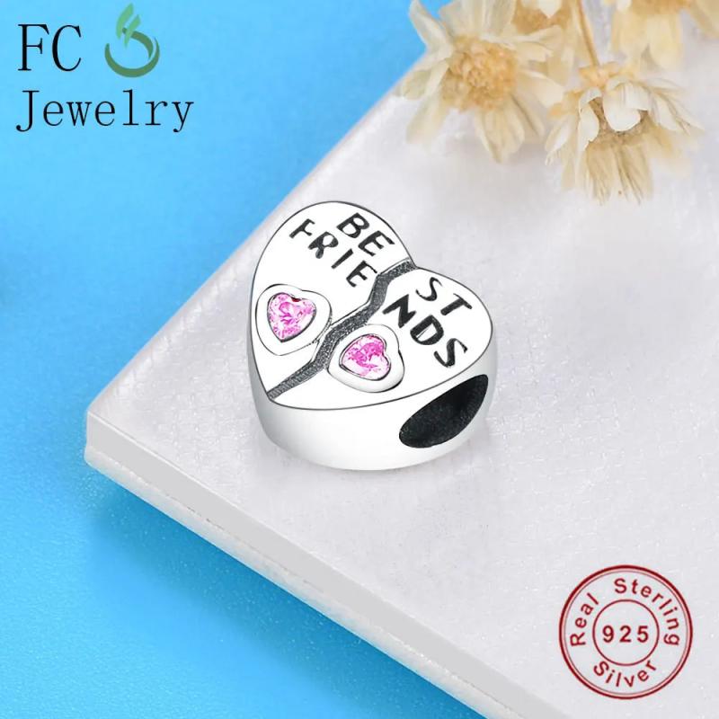 925 Sterling Silver Pink Love Heart Beads Pendant Berloque DIY Gift