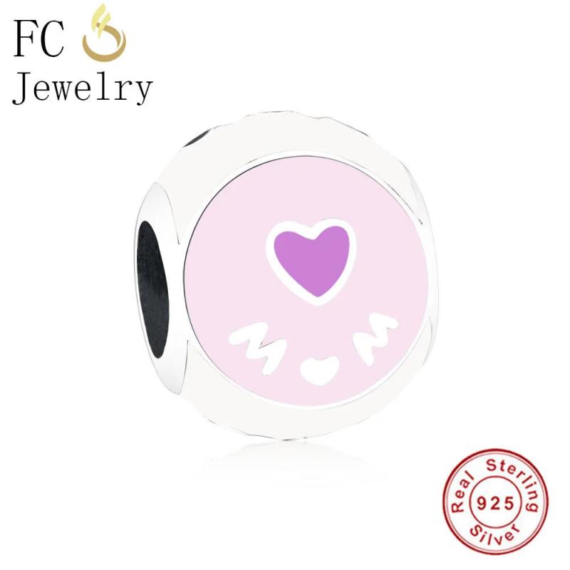 925 Sterling Silver Pink Heart Love Mom Beads Pendant for Bracelets