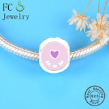 925 Sterling Silver Pink Heart Love Mom Beads Pendant for Bracelets