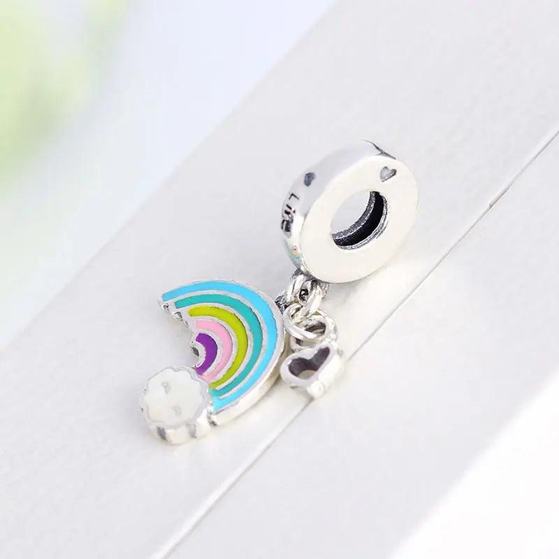 925 Silver Pink Enamel Rainbow Heart Bead for Pan Charm Bracelet Women