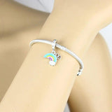 925 Silver Pink Enamel Rainbow Heart Bead for Pan Charm Bracelet Women