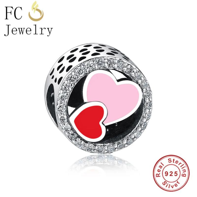 925 Sterling Silver Red Pink Enamel Love Heart Beads Women Berloque