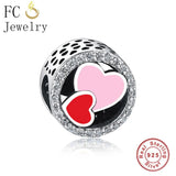 925 Sterling Silver Red Pink Enamel Love Heart Beads Women Berloque