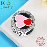 925 Sterling Silver Red Pink Enamel Love Heart Beads Women Berloque