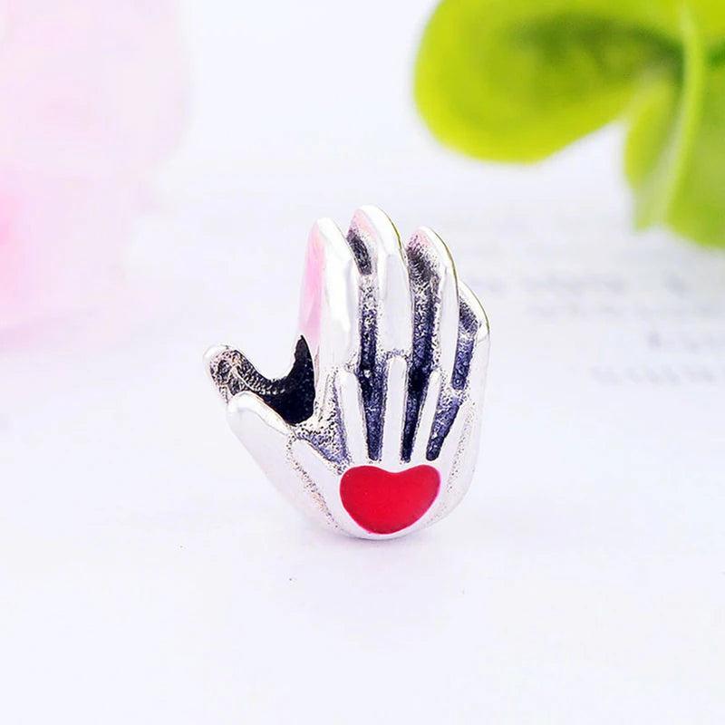 925 Silver Mother and Son Hands Heart Bead Charm Bracelet