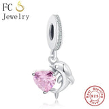 925 Sterling Silver Dolphin Pink Zirconia Pendant Charm Bracelet