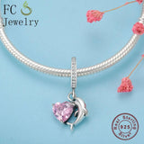 925 Sterling Silver Dolphin Pink Zirconia Pendant Charm Bracelet
