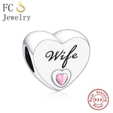 925 Silver Heart Wife Pink Zircon Stone Berloque