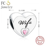 925 Silver Heart Wife Pink Zircon Stone Berloque