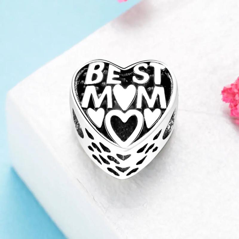 925 Sterling Silver Love Mom Heart Beads Bracelet Charms