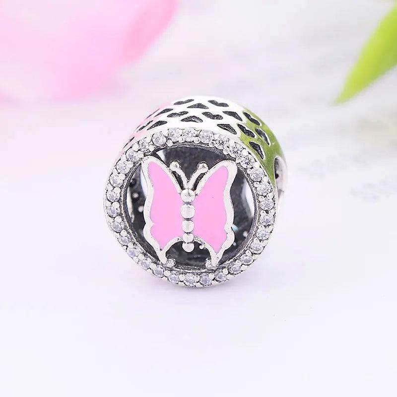 925 Silver Pink Enamel Butterfly Bead for Charm Bracelet