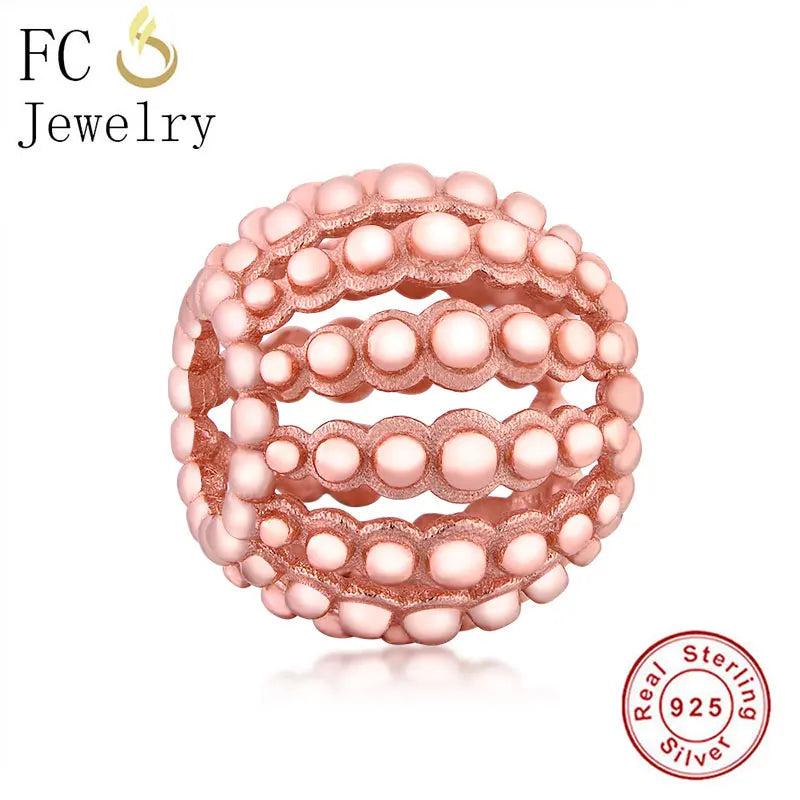 925 Silver Pan Charms Bracelet with Rose Stripe Bead