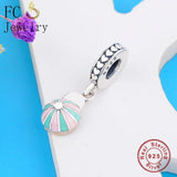 925 Silver Green Umbrella Square Hat Bead Bracelet Charms Pendant