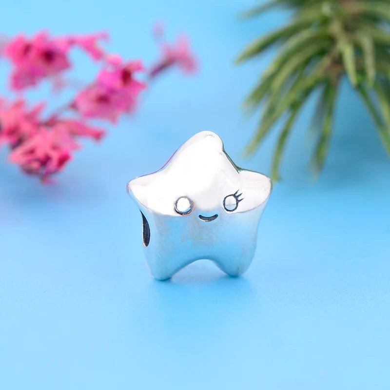 925 Sterling Silver Star Smile Face Bead Charm Bracelet Jewelry