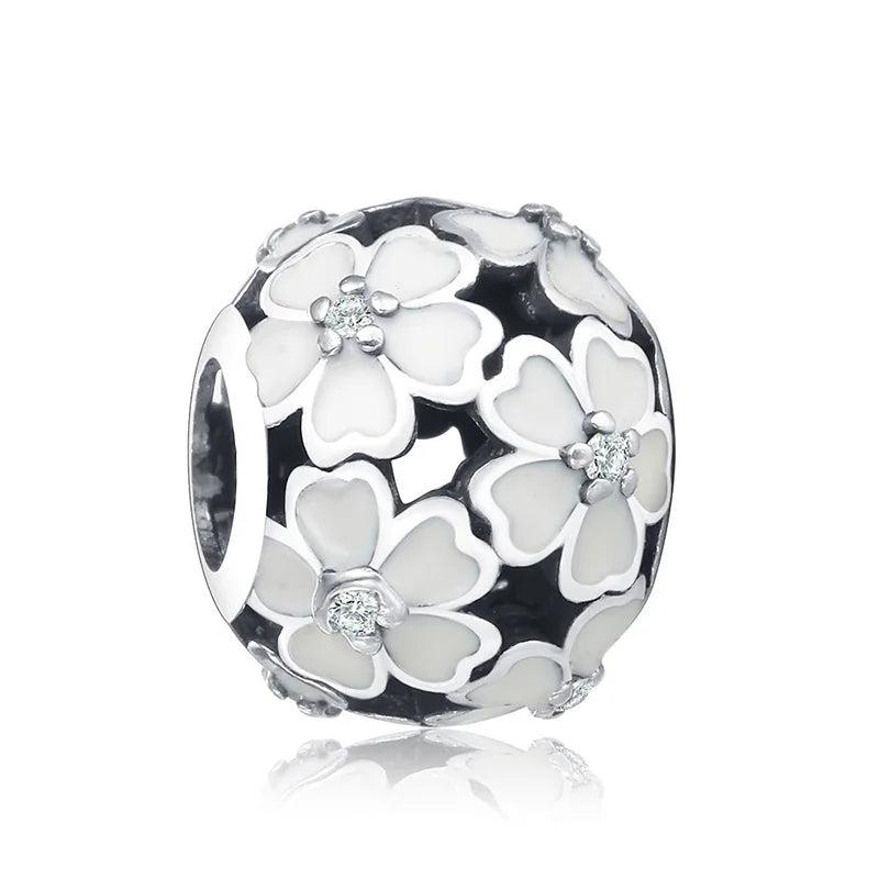 Pink Enamel Flower Cherry Blossoms CZ Bead for Charm Bracelet