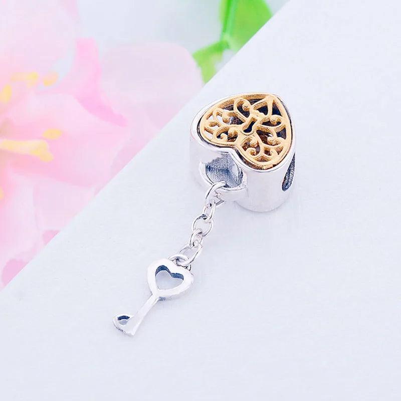 925 Silver Heart Vine Lock Key Bead for Charm Bracelet Jewelry