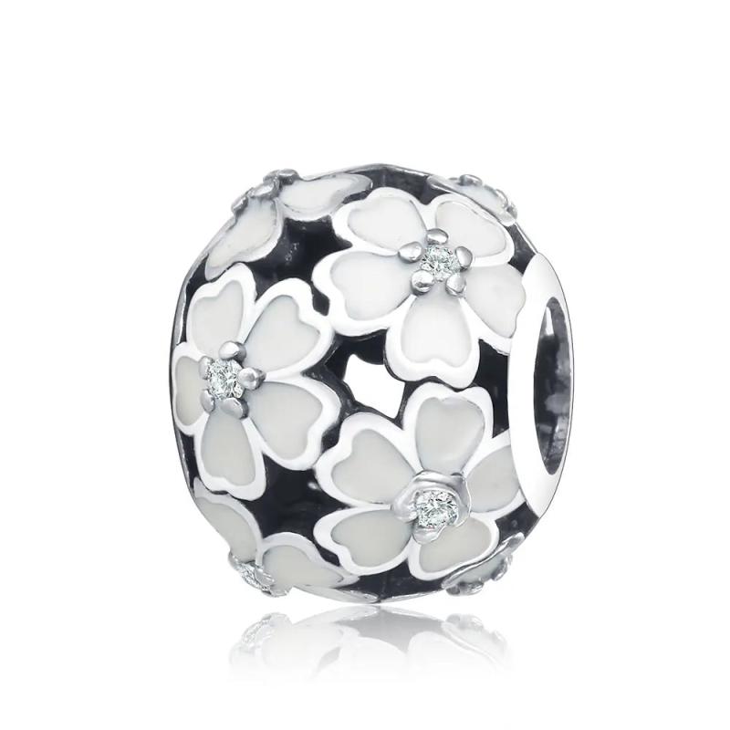 925 Sterling Silver Pink Ename Cherry Blossoms Daisy Flower Beads