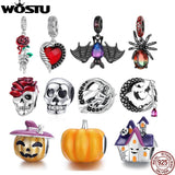 925 Silver Red Rose Flower Skull Charms Witch Bat Bead