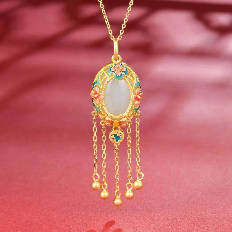 Silver Inlaid Hetian Jade Pendant Flower Tassel Long Necklace